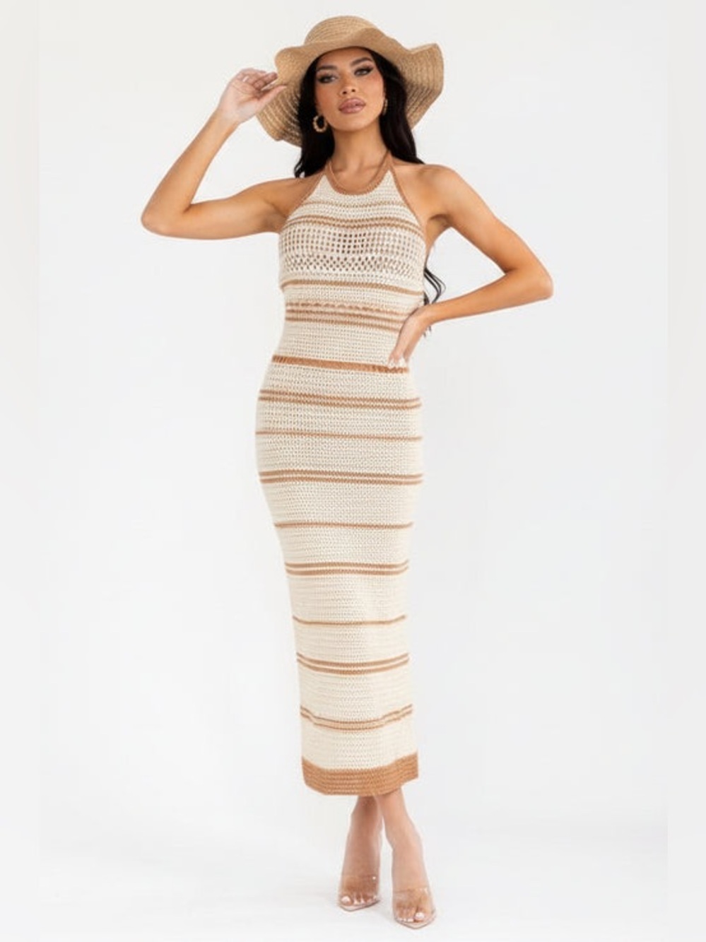 Striped Knit Halter Maxi Dress in Cream & Tan